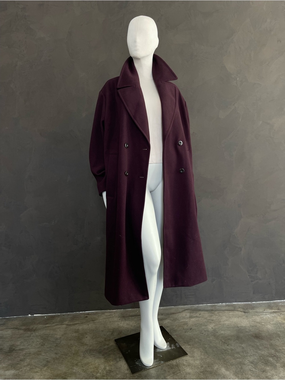 Deep Plum Heavyweight Double Breasted Maxi Coat Women’s L XL Oversized Wool Feel